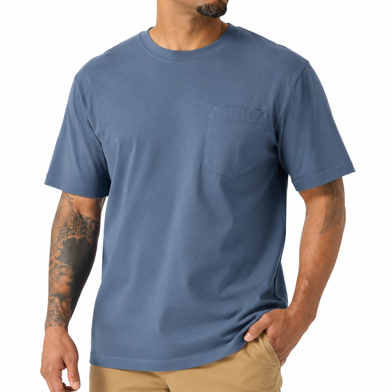 T-shirt da uomo M in tessuto blu con taschino - girocollo a maniche corte