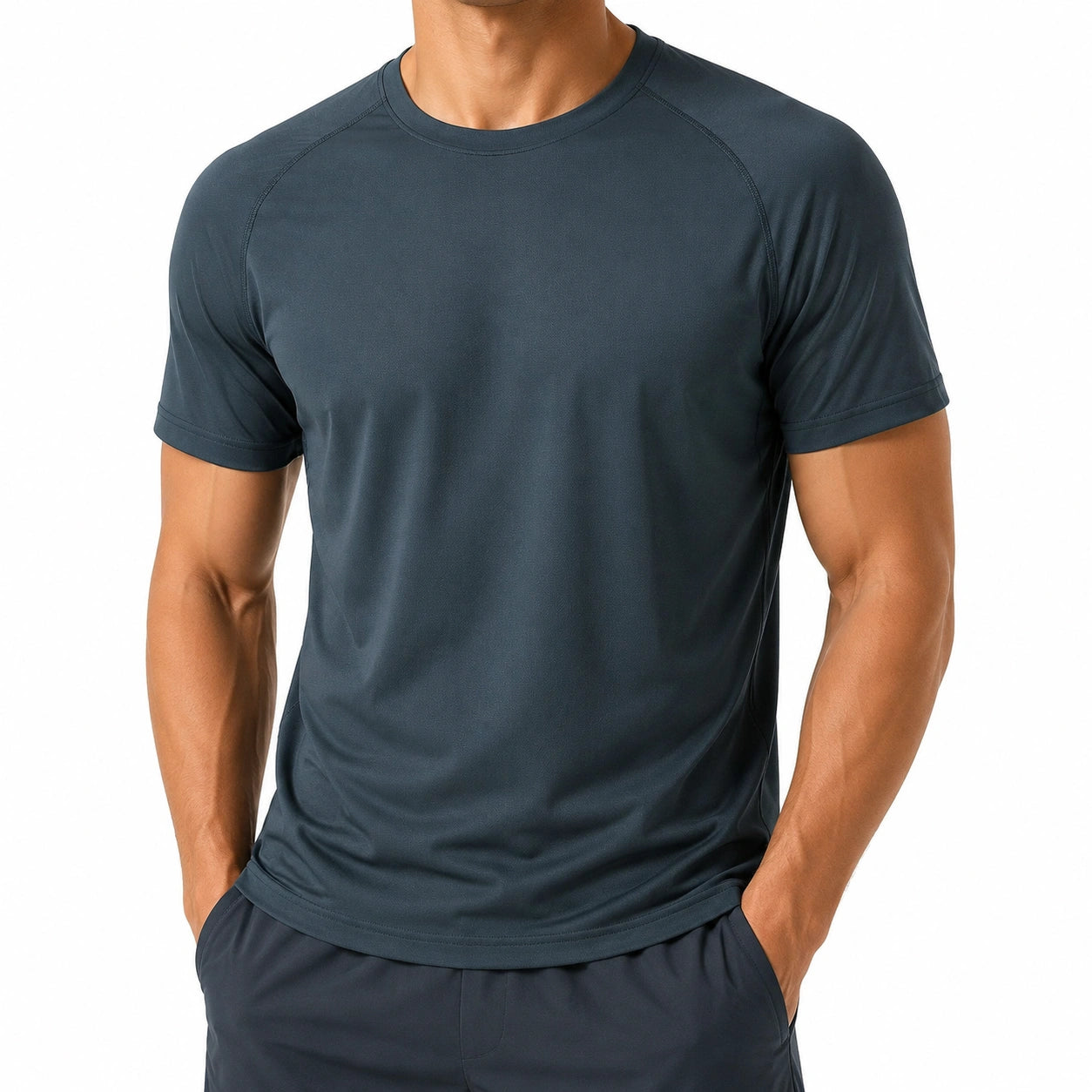 T-shirt sportiva uomo taglia M in tessuto sintetico blu scuro a manica corta