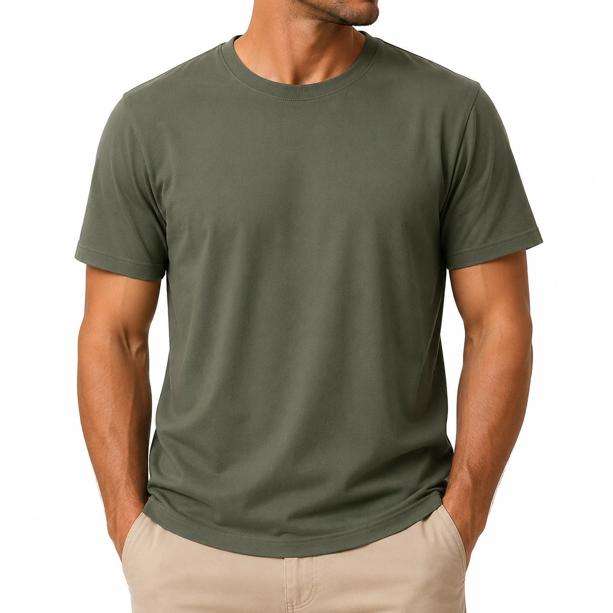 T-shirt uomo taglia M in poliestere verde oliva a manica corta girocollo casual