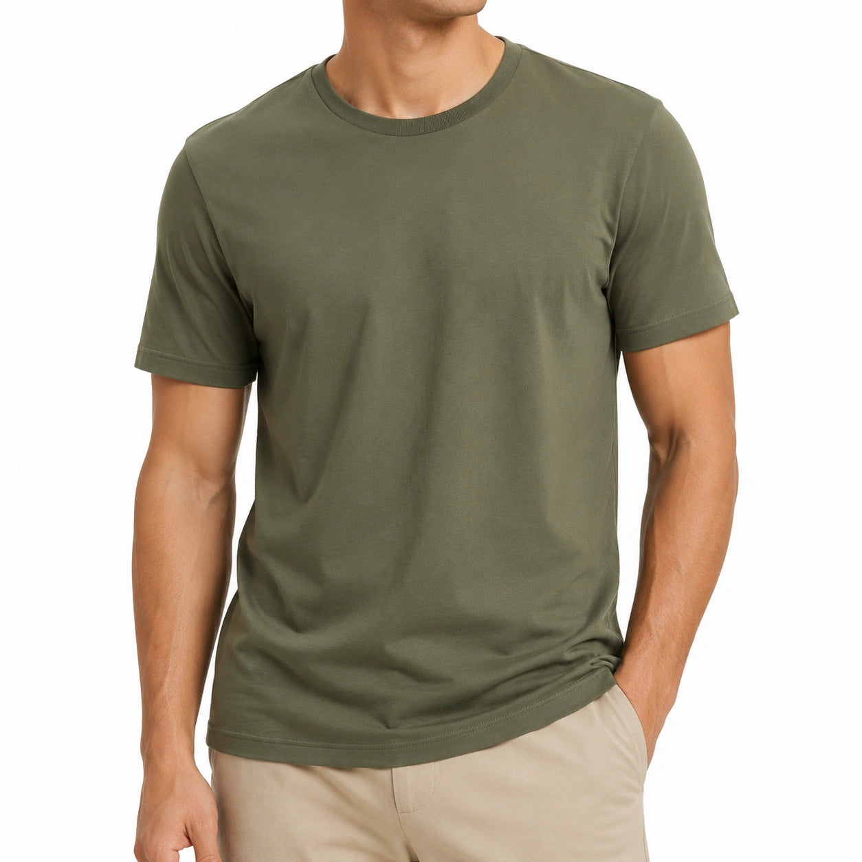 T-shirt uomo L verde oliva in tessuto a maglia - girocollo a maniche corte