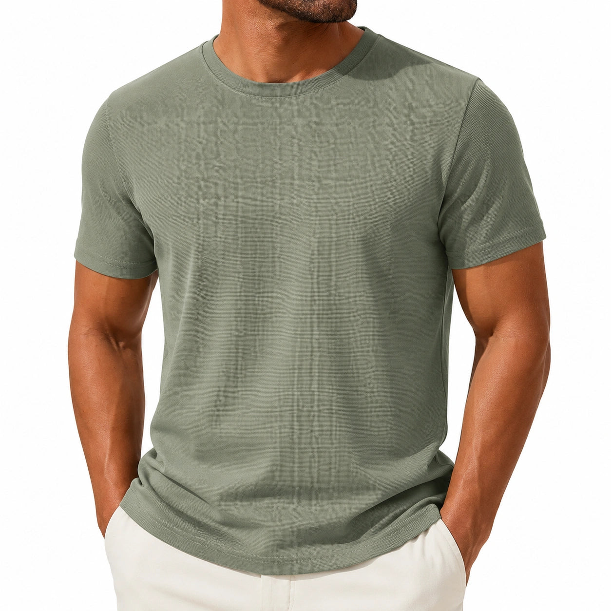 T-shirt uomo L verde salvia in tessuto a maglia fine a maniche corte girocollo casual