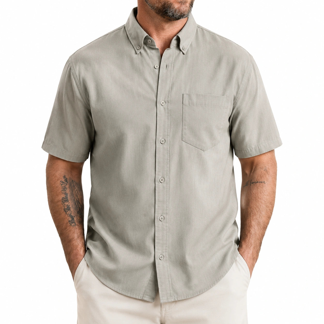 Camicia da uomo taglia M in tessuto grigio a maniche corte con colletto button-down