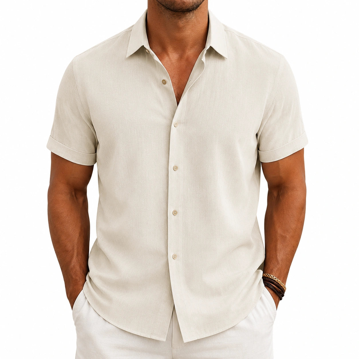 Camicia uomo taglia M in lino beige a maniche corte stile casual