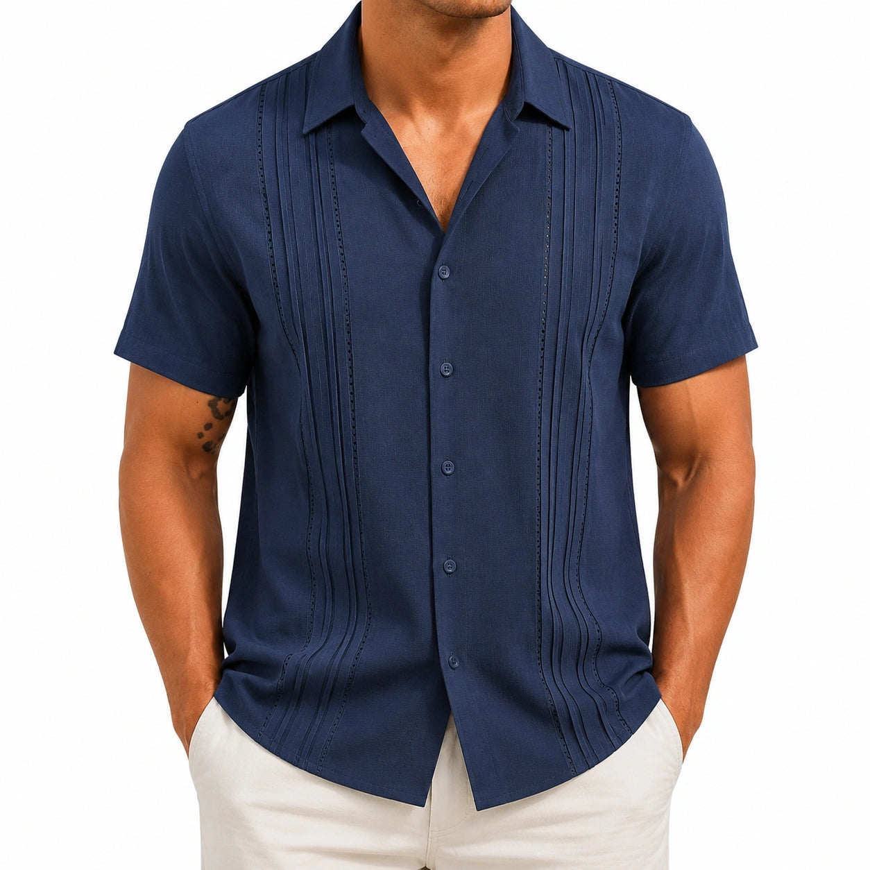 Camicia da uomo taglia L in tessuto blu navy a maniche corte con pieghe verticali