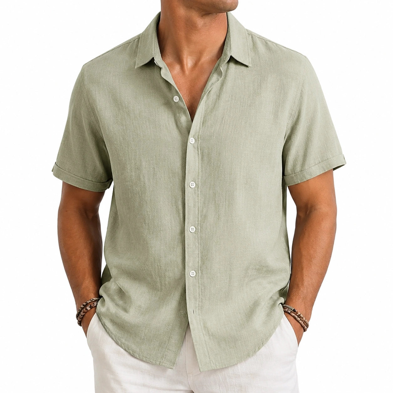 Camicia uomo M verde salvia a maniche corte in tessuto leggero stile casual