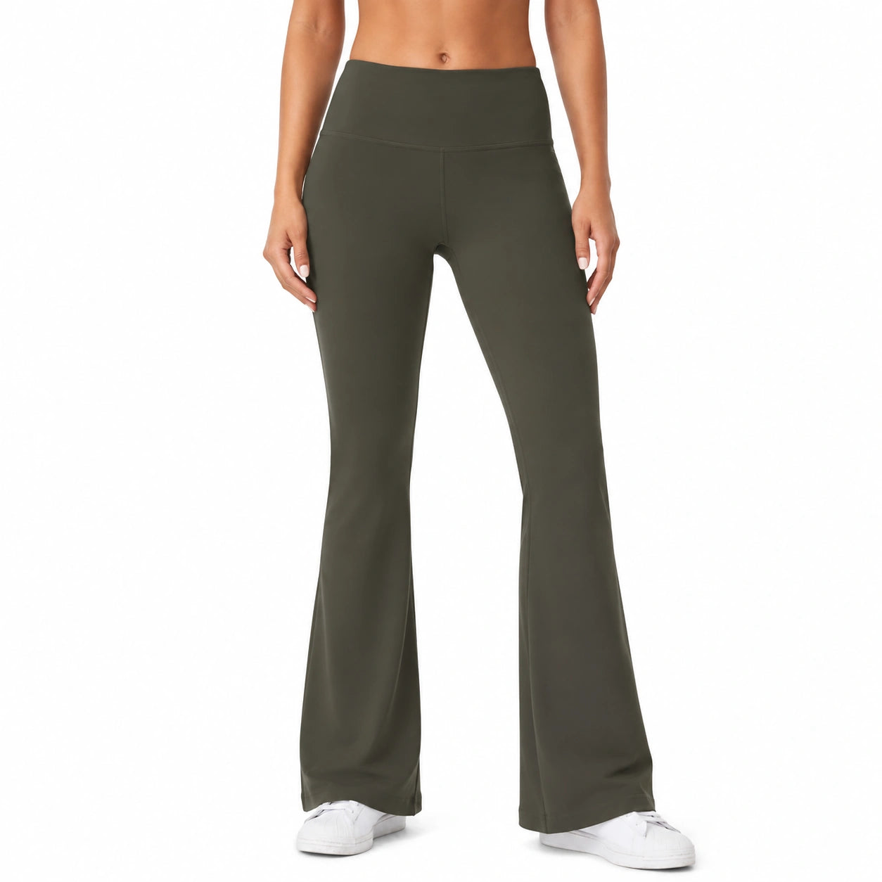 Leggings donna M in tessuto elasticizzato verde oliva a vita alta con gamba svasata