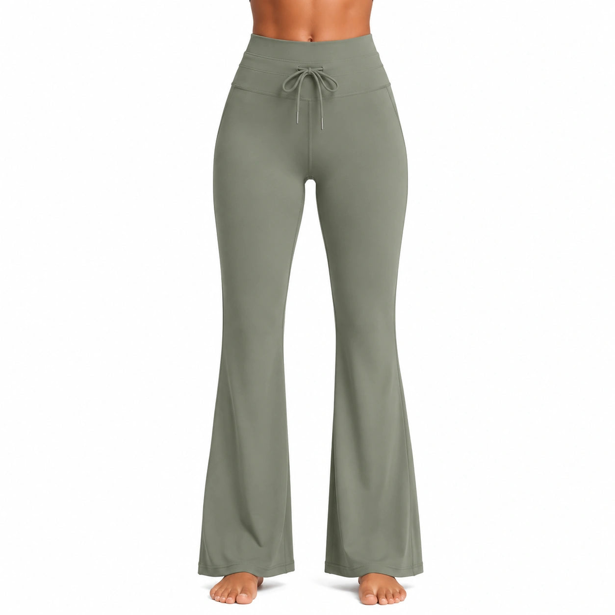 Pantaloni da donna taglia S in tessuto elasticizzato verde salvia a zampa con coulisse