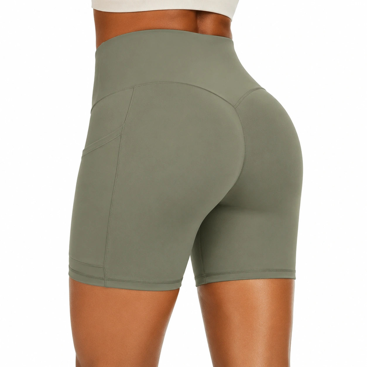 Short leggings donna M in tessuto elasticizzato verde oliva a vita alta per allenamento