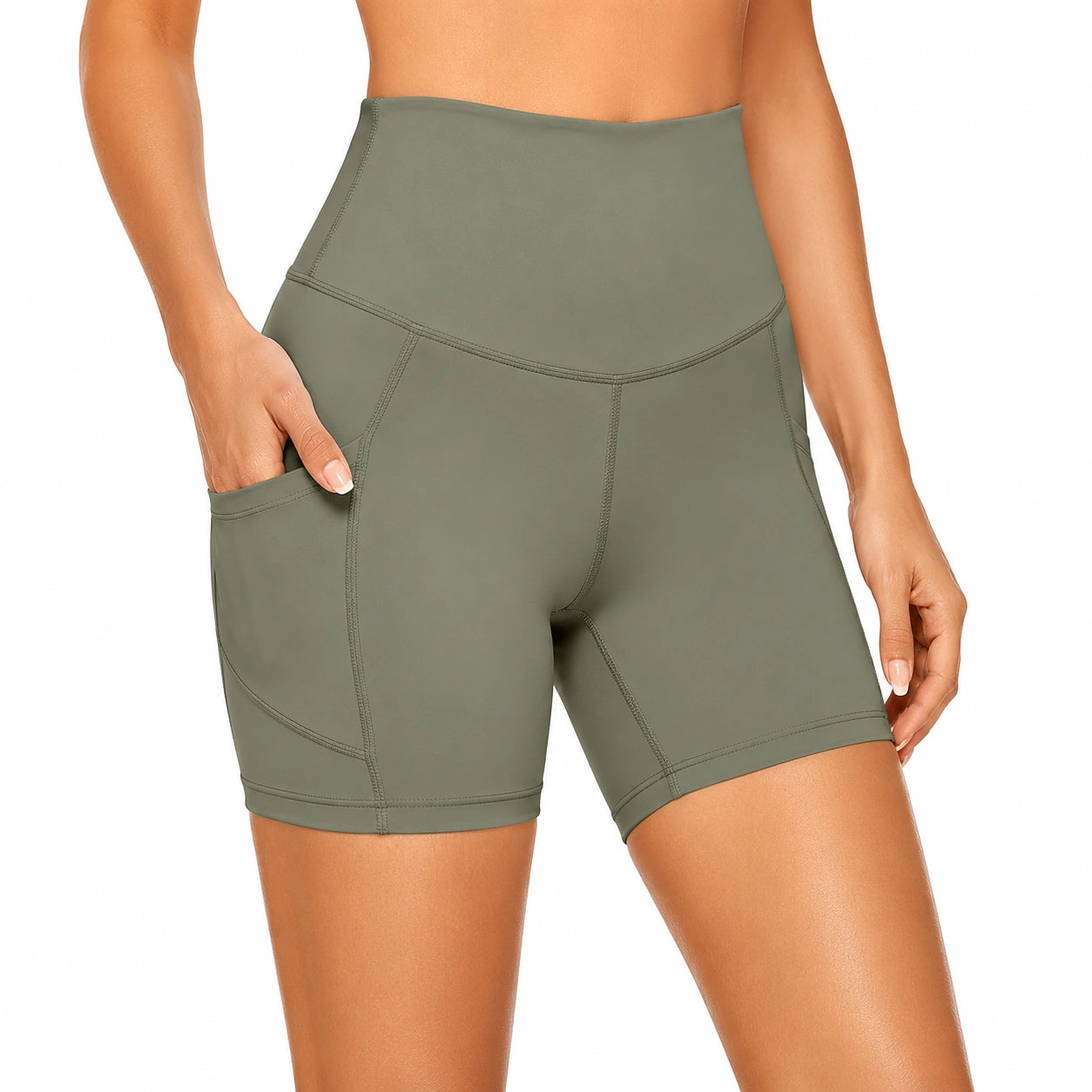 Shorts sportivi donna taglia S in tessuto elasticizzato verde oliva a vita alta con tasca laterale