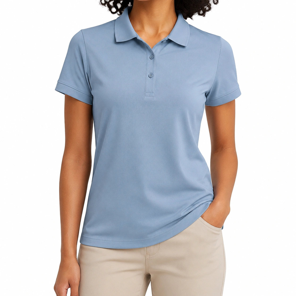 Polo donna taglia M in tessuto a maglia azzurro a maniche corte per uso quotidiano