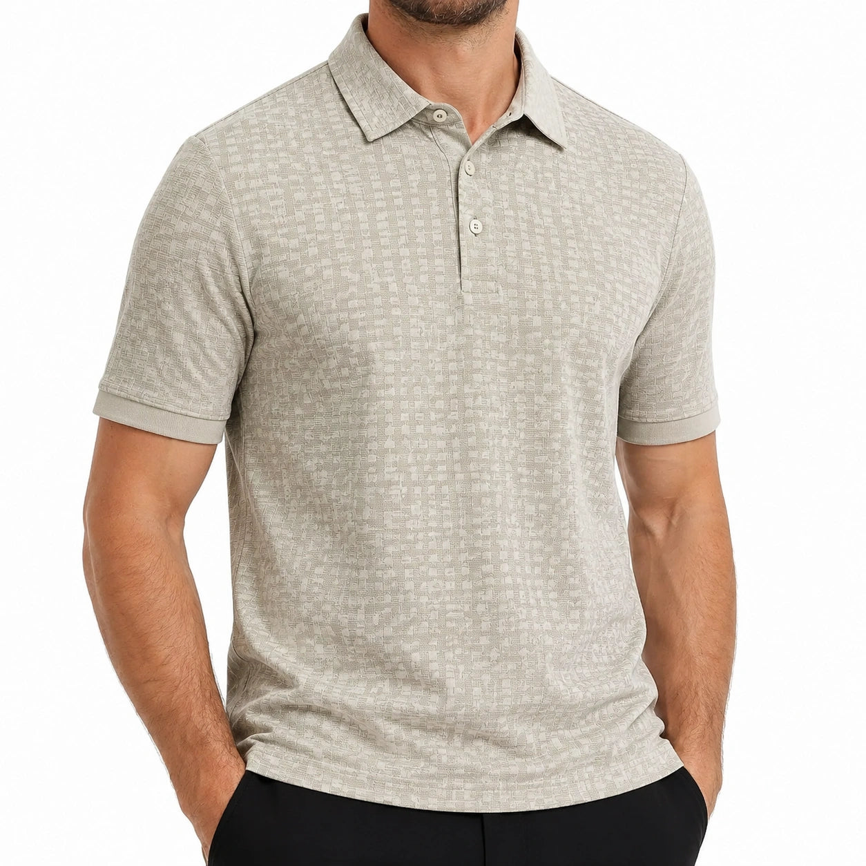 Polo uomo taglia M in tessuto beige jacquard a maniche corte