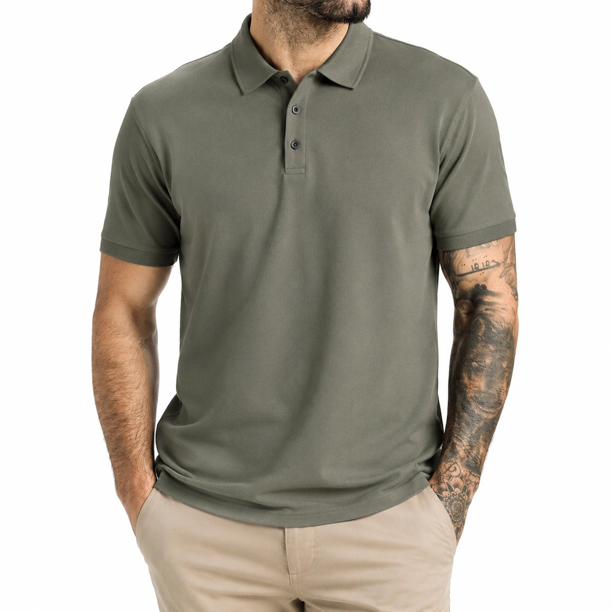 Polo uomo taglia L in tessuto verde oliva a maniche corte stile casual