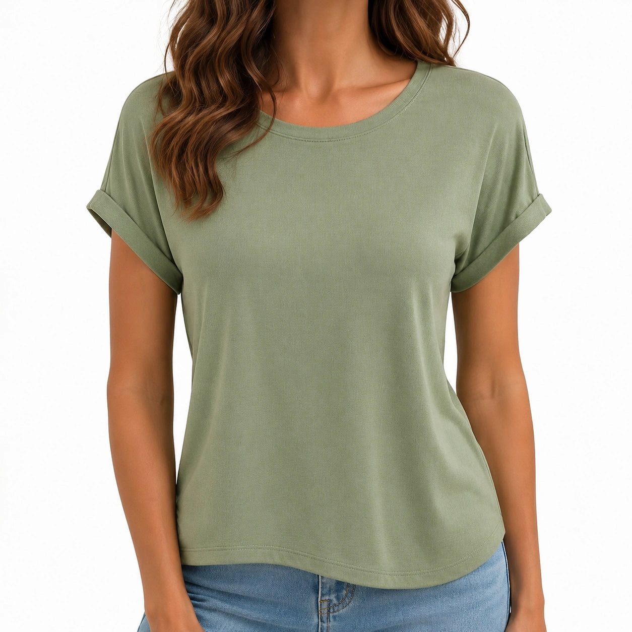Maglietta donna taglia S verde salvia a manica corta con scollo rotondo stile casual