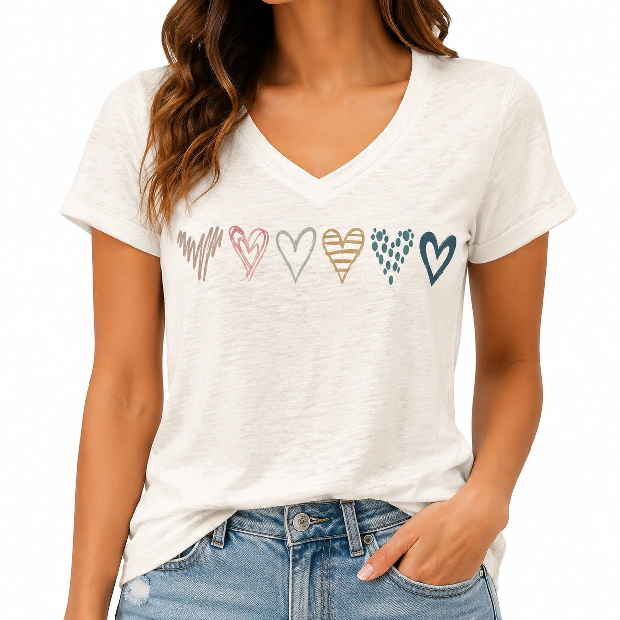 T-shirt donna taglia M bianca con stampa cuori - scollo a V casual