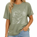 T-shirt donna taglia M in tessuto verde salvia con stampa paesaggio stile casual