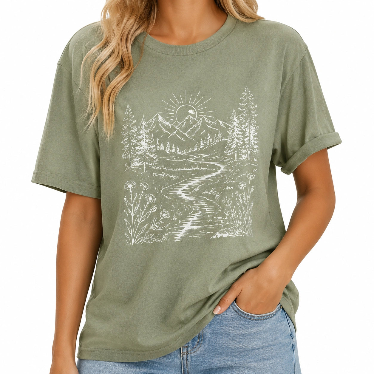 T-shirt donna taglia M in tessuto verde salvia con stampa paesaggio stile casual